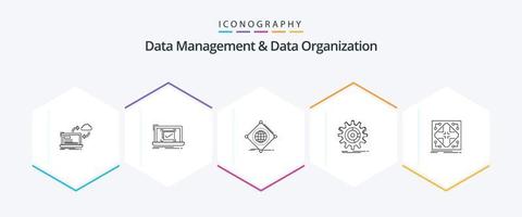 Data Management And Data Organization 25 Line icon pack including management. setting. good. global. things vector