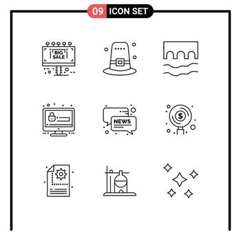 Mobile Interface Outline Set of 9 Pictograms of chat account bridge seo river Editable Vector Design Elements