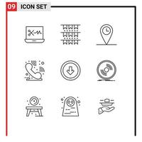 Mobile Interface Outline Set of 9 Pictograms of down user location button hotline Editable Vector Design Elements