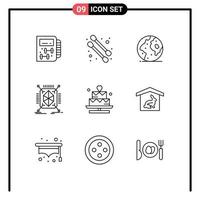 Modern Set of 9 Outlines Pictograph of lover cake international structure prototyping Editable Vector Design Elements