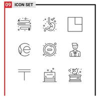 Group of 9 Modern Outlines Set for executive remove view minus crypto currency Editable Vector Design Elements