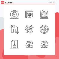 Mobile Interface Outline Set of 9 Pictograms of estate check globe buildings multimedia Editable Vector Design Elements