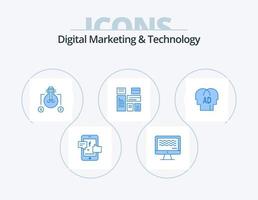 marketing digital y tecnología blue icon pack 5 diseño de iconos. conocimiento. marketing. bulbo. publicidad nativa. nativo vector