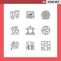 Editable Vector Line Pack of 9 Simple Outlines of court bank pepperoni symbol american Editable Vector Design Elements