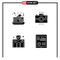 Pack of 4 Modern Solid Glyphs Signs and Symbols for Web Print Media such as cake business antique camera retro insurance Editable Vector Design Elements