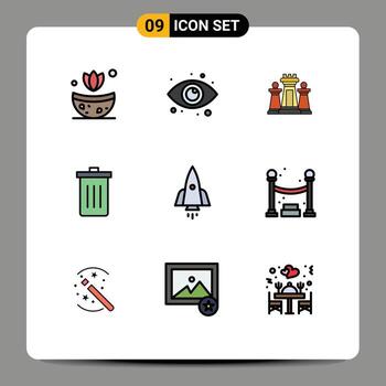 paquete de 9 signos y símbolos de colores planos de línea de relleno modernos para medios de impresión web, como elementos de diseño vectorial editables de cesta de borrado de computadora de cohetes vector