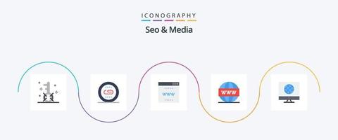 paquete de iconos de 5 planos de medios y seo que incluye seo. medios de comunicación. mejoramiento. motor. posicionamiento web vector