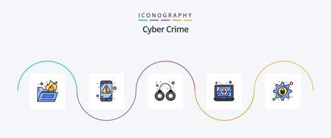 la línea de delitos cibernéticos llenó el paquete de iconos planos 5 que incluye la configuración. cerrar con llave. delincuente. delito cibernético. antivirus vector