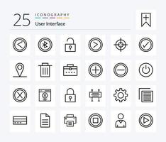 User Interface 25 Line icon pack including tick. aim. unlocked. target. right vector