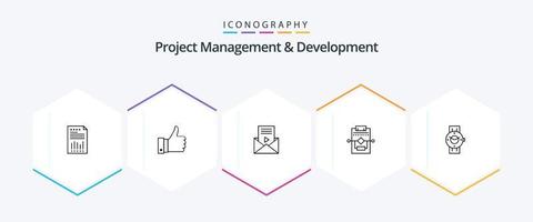 Project Management And Development 25 Line icon pack including process. workflow. remarks. video player. message vector