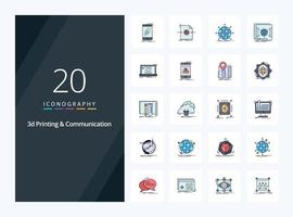 20 icono lleno de línea de comunicación e impresión 3d para presentación vector