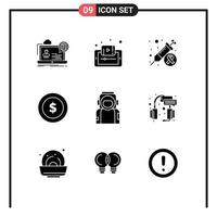 9 Thematic Vector Solid Glyphs and Editable Symbols of money award mobile injection day Editable Vector Design Elements