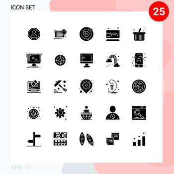 Editable Vector Line Pack of 25 Simple Solid Glyphs of monitor sphere file solar system planetary system Editable Vector Design Elements
