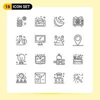 Pack of 16 Modern Outlines Signs and Symbols for Web Print Media such as beaker tv smartphone television moon Editable Vector Design Elements