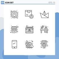 Modern Set of 9 Outlines Pictograph of labor calendar hobby watch stop Editable Vector Design Elements