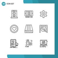 Mobile Interface Outline Set of 9 Pictograms of drawer archive gear user like Editable Vector Design Elements