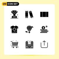 Pack of 9 Modern Solid Glyphs Signs and Symbols for Web Print Media such as hot baloon m flying heart layout maple canada Editable Vector Design Elements