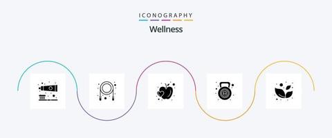 Wellness Glyph 5 Icon Pack Including wellness leaf. leaf. fruit. fitness. kettle bell vector