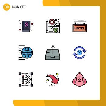 conjunto moderno de 9 colores planos de línea rellena pictografía de salida transporte viaje compras logística elementos de diseño vectorial editables vector