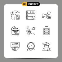 Group of 9 Modern Outlines Set for tree beach heart briefcase file Editable Vector Design Elements