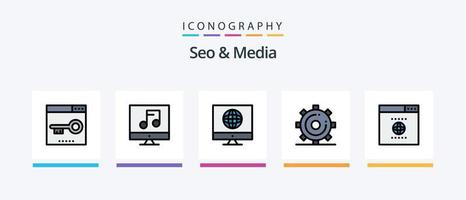 Seo y la línea de medios llenaron un paquete de 5 íconos que incluye optimización. enlace. mejoramiento. motor. rodar. diseño de iconos creativos vector