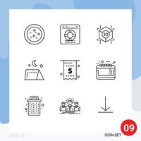 Universal Icon Symbols Group of 9 Modern Outlines of money currency printing bill tent Editable Vector Design Elements