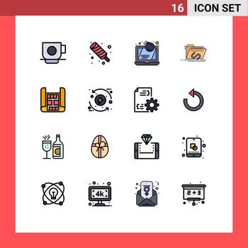 conjunto moderno de 16 líneas y símbolos rellenos de colores planos, como el ataque de archivos de software, la explotación de elementos de diseño de vectores creativos editables para portátiles