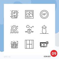 9 Universal Outlines Set for Web and Mobile Applications brinjal transportation gearshift holiday swimming Editable Vector Design Elements