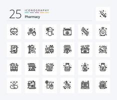 paquete de iconos de 25 líneas de farmacia que incluye hisopo de algodón. médico. cucharón. calendario. medicamentos vector