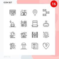 Universal Icon Symbols Group of 16 Modern Outlines of charge envelope navigation email contact Editable Vector Design Elements