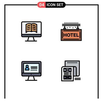 Pack of 4 creative Filledline Flat Colors of computer security hotel rest file Editable Vector Design Elements