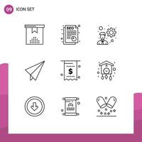 9 Thematic Vector Outlines and Editable Symbols of payment invoice development currency plane Editable Vector Design Elements