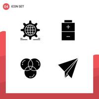 Pack of 4 Modern Solid Glyphs Signs and Symbols for Web Print Media such as setting color globe charging development Editable Vector Design Elements