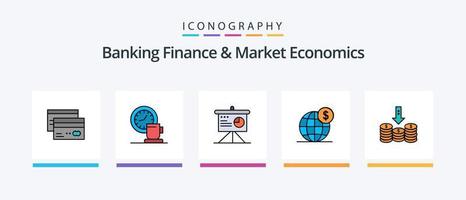 la línea de finanzas bancarias y economía de mercado llenó un paquete de 5 íconos que incluye efectivo. apuntar. financiero. objetivo. seguridad. diseño de iconos creativos vector