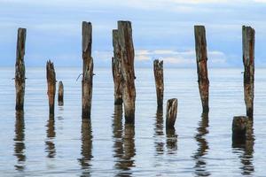 Sea scenery with broken pier poles sticking from water. photo