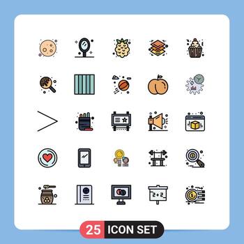 Editable Vector Line Pack of 25 Simple Filled line Flat Colors of cupcakes cream summer cake layers Editable Vector Design Elements