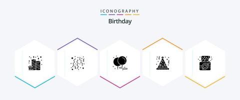 Birthday 25 Glyph icon pack including camera. hat. balloons. fun. birthday vector