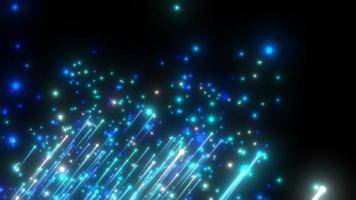 Abstract blue flying diagonal glowing lines meteorites of energy and light from particles and magic energy dots on a black background. Abstract background. Video in high quality 4k, motion design
