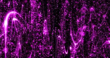 Abstract purple background from pixel particles and lines flying in waves of futuristic hi-tech with a glow effect and background blur, screensaver, video in high quality 4k