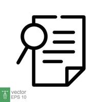 Case study icon. Simple outline style. Magnifying document, research, report, paper with find glass, search concept. Line vector illustration isolated on white background. EPS 10.