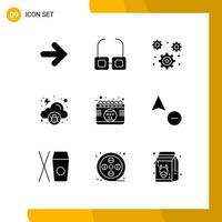 Universal Icon Symbols Group of 9 Modern Solid Glyphs of day calendar gear malware infected Editable Vector Design Elements