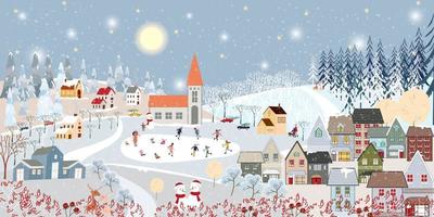 Winter landscape, Celebrating Christmas and new Year in village at night with happy polar bear playing playing ice skates in the park,Vector of horizontal banner winter wonderland in countryside vector