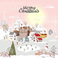 Winter landscape, Celebrating Christmas and new Year in village at night with happy people playing playing ice skates in the park,Vector of horizontal banner winter wonderland in countryside vector