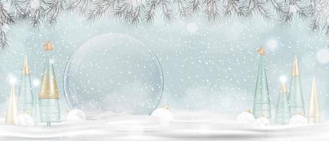 Happy New Year 2022 and Merry Christmas background. Xmas Snowball with conical tree on snow,Glass snow globe 3d design. Festive Christmas elements.Holiday poster,greeting card, flyer with copy space vector