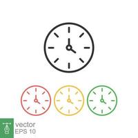 Clock icon. Simple flat style. Circle wall clock face, day, night, black, red, yellow, green color, business concept. Vector illustration isolated on white background. EPS 10.