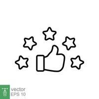 Feedback icon. Customer review rating with 5 stars and thumb up, star rate, good quality, trust concept. Thin line vector illustration design on white background. EPS 10.