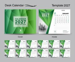 conjunto de plantillas de calendario de escritorio 2027 y diseño de cubierta verde polígono, conjunto de 12 meses, diseño de calendario creativo 2027, calendario de pared año 2027, planificador, plantilla comercial, papelería, medios de impresión vector