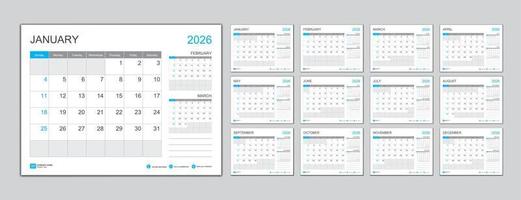 Monthly calendar template for 2026 year, Planner 2026 year, Week Starts on Sunday. Wall calendar in a minimalist style, desk calendar 2026 template, New Year Calendar Design, Business template Vector