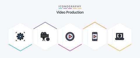 paquete de iconos de 25 líneas completas de producción de video que incluye computadora. video. control. tocar. jugador vector