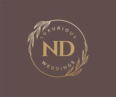ND Initials letter Wedding monogram logos template, hand drawn modern minimalistic and floral templates for Invitation cards, Save the Date, elegant identity. vector